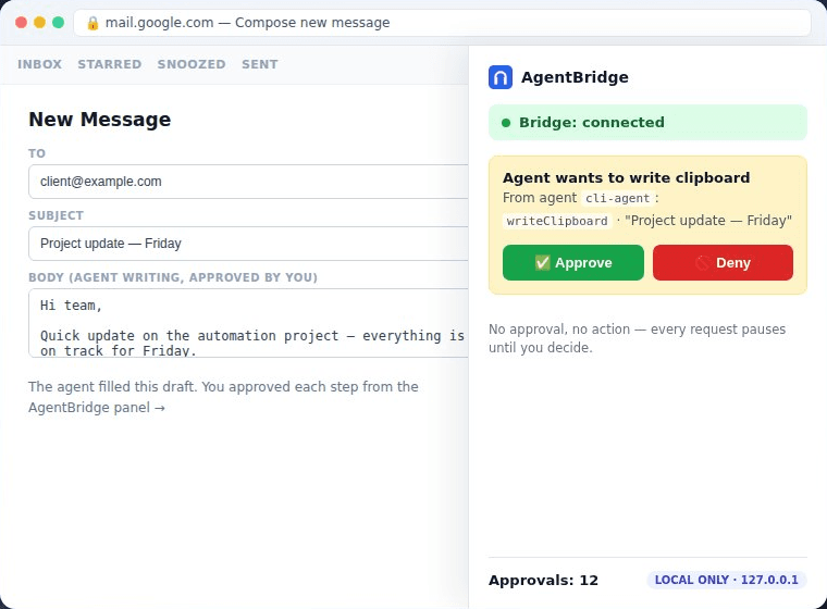 Das AgentBridge-Seitenpanel fragt nach dem Schreiben der Zwischenablage, mit Freigeben- und Ablehnen-Buttons